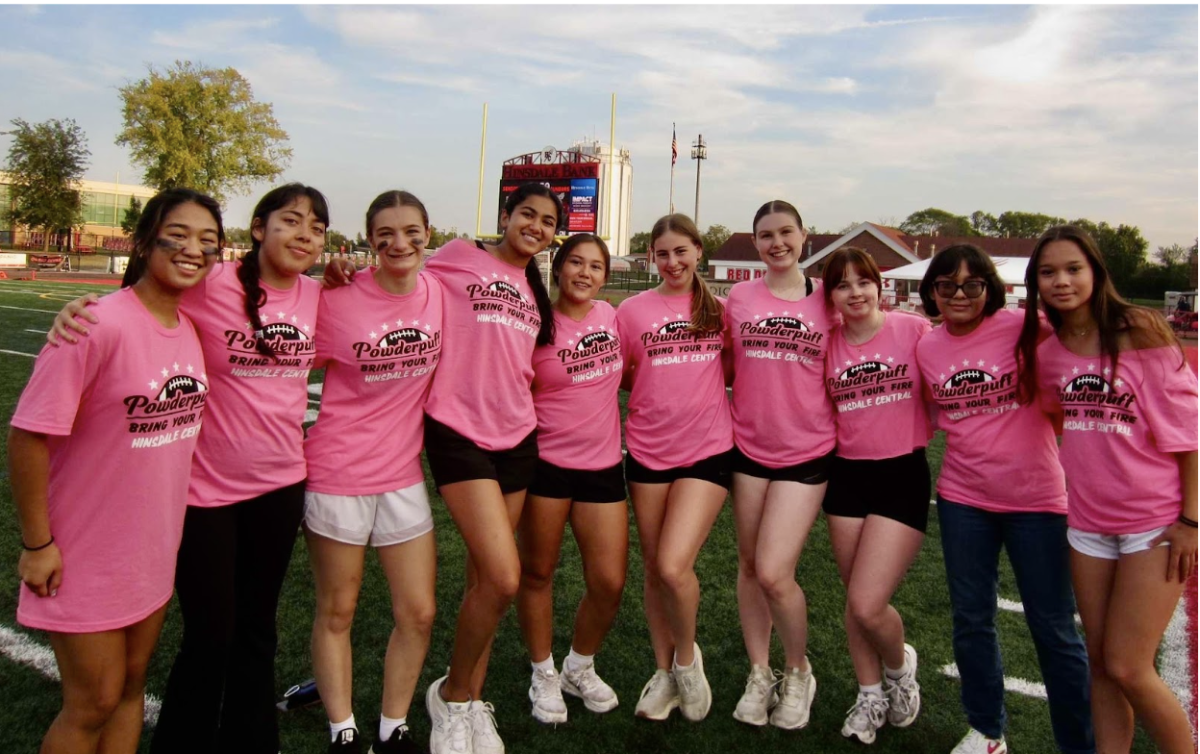 Senior team who played in the Powderpuff game pose for a photo. From left to right: Therese Moraleda, Najya Shadi Khan, Arianna Messana, Padmasri Thirunarayanan, Leila Sulivan, Grace Massery, Juliana Waters, Kennedy Hannah, Nuha Shadi Khan, Aurora Allen.